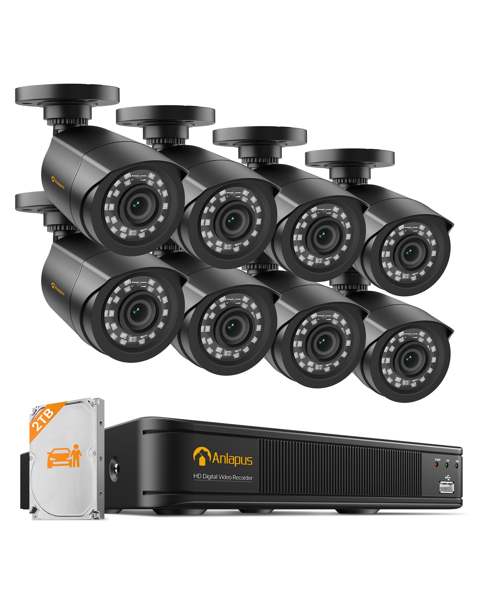 Anlapus 8CH 1080P Überwachungskamera Set H.265+ 1080P DVR Rekorder mit 2TB Festplatte und 8X 2MP Außen Bullet Kamera, 24M IR Nachtsicht