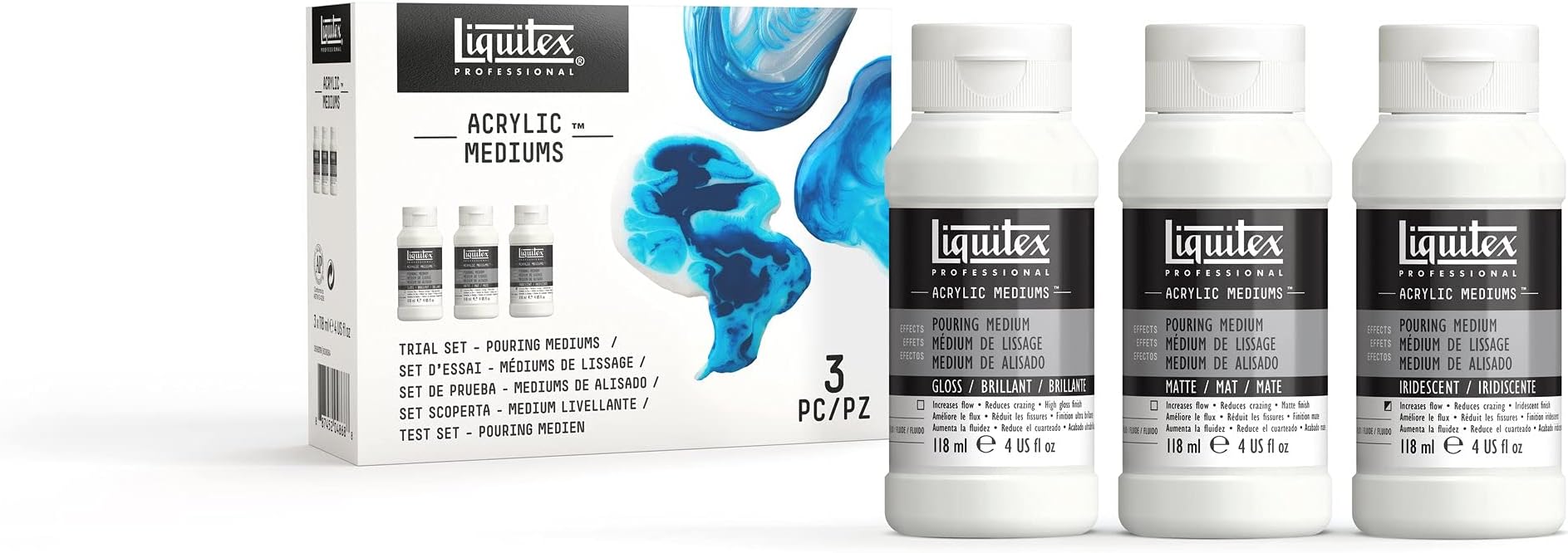 Professional Pouring Medium Set, Includes 3 x 4-oz Pouring Medium, Gloss, Matte, and Iridescent