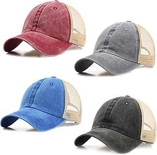 4 Pack Vintage Unstructured Trucker Hat Adjustable Cotton Washed Distressed Mesh Back Baseball Cap for Outdoor Sports Tennis