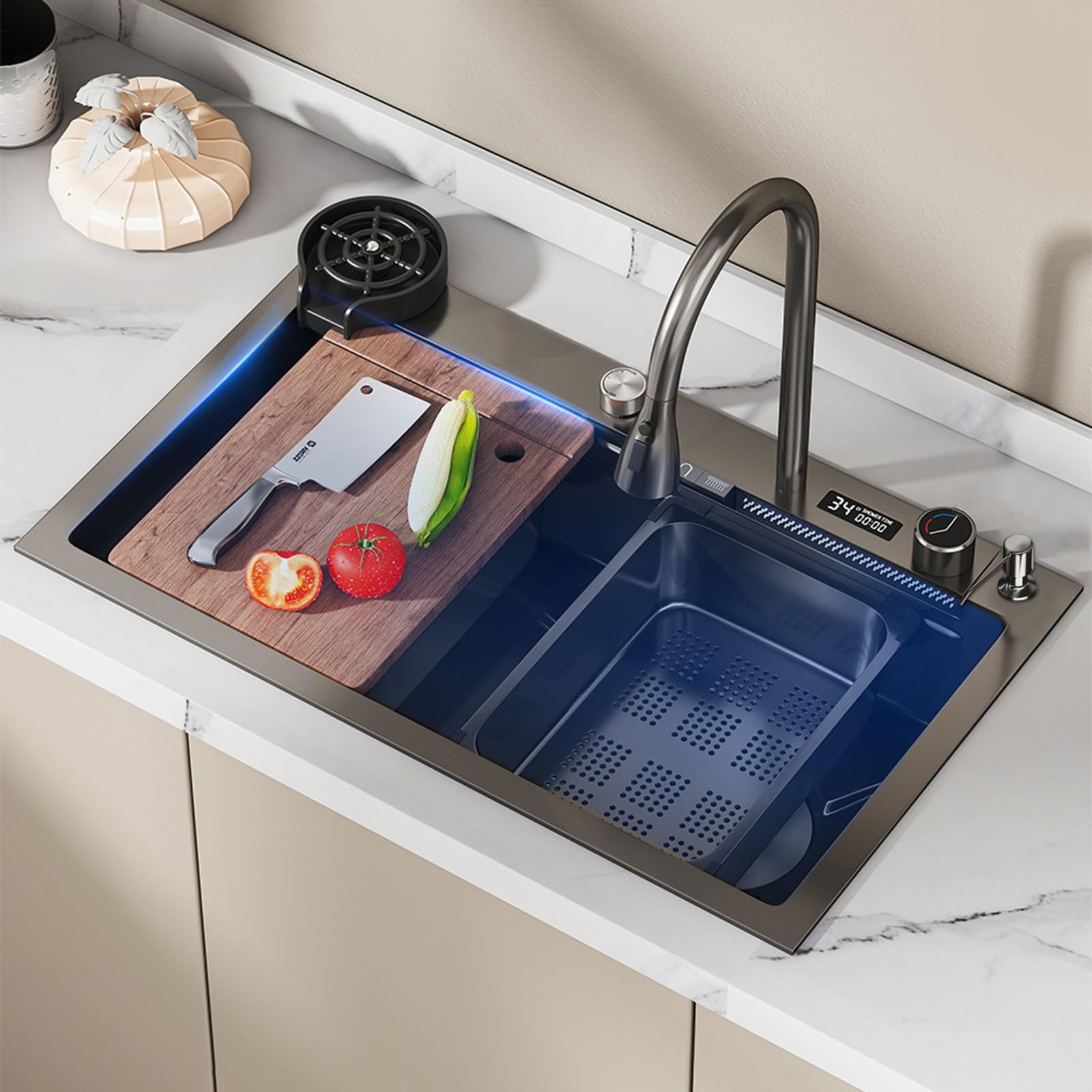 Lavello da Cucina Lavello a Cascata Nano Raindance,con Dispaly Digitale, Lavello Nano-Coated Workstation Lavello,con Pull-out Rubinetto E Tazza Washer Easy-to-Clean (Size : 80 * 45cm)