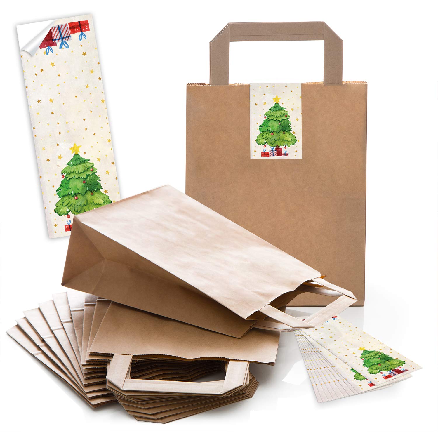 50 brązowych torebek papierowych na Boże Narodzenie, torebka na prezent z uchwytem z dnem 18 x 8 x 22 cm + 50 świątecznych naklejek Christbaum, czerwone, zielone, beżowe, opakowanie prezentowe, papier siarczanowy, bio
