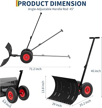 GarveeTech 15 in H X 30 in W Metal Snow Pusher with Wheels, Adjustable Angle & Height Handle for Effortless Snow Removal | Ergonomic Double-Rod Design for Driveway & Sidewalk
