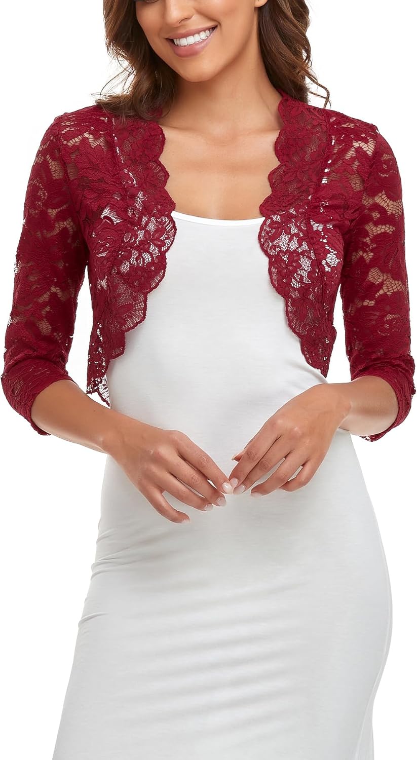 PEIQI Women's 3/4 Sleeve Sheer Crochet Lace Bolero Shrug Cropped Cardigan S-XXL - Image 2
