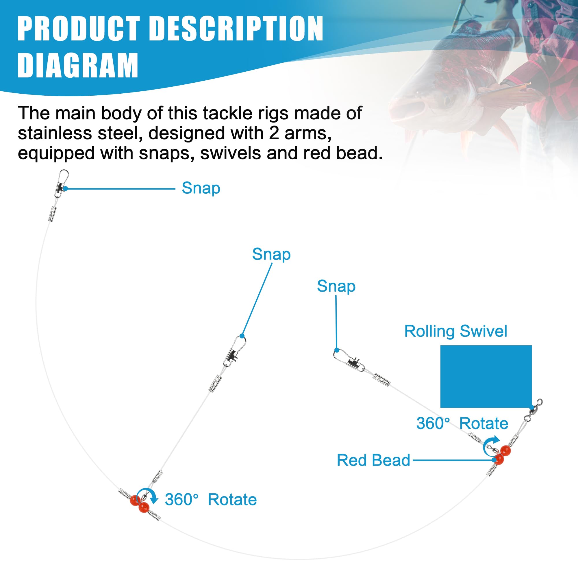 AIRKOUL 12/24 Peças Mono Leader Rigs - Pesca De Surfe De Alta Baixa, Encaixes, Giros, Contas, 1/2 Braço Para Isca, Isca, Anzol, Sal/água Doce ( Leader-NLWH0104-1armX12