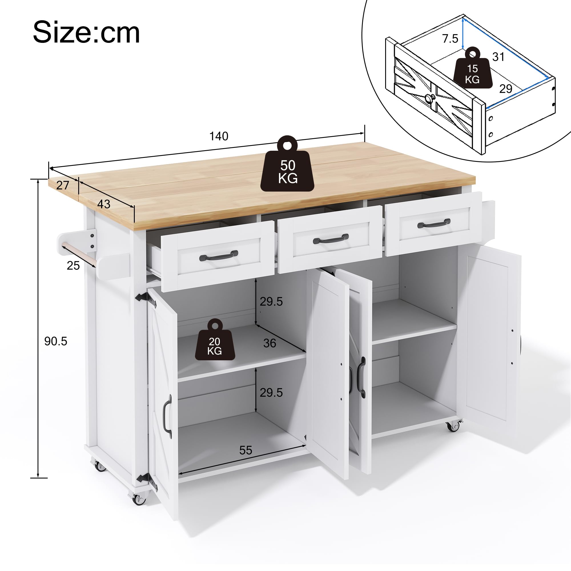 WheewithRac - Carrello pieghevole a isola con credenza salvaspazio e armadietto, facile da montare, porta asciugamani per sala da pranzo, colore: bianco