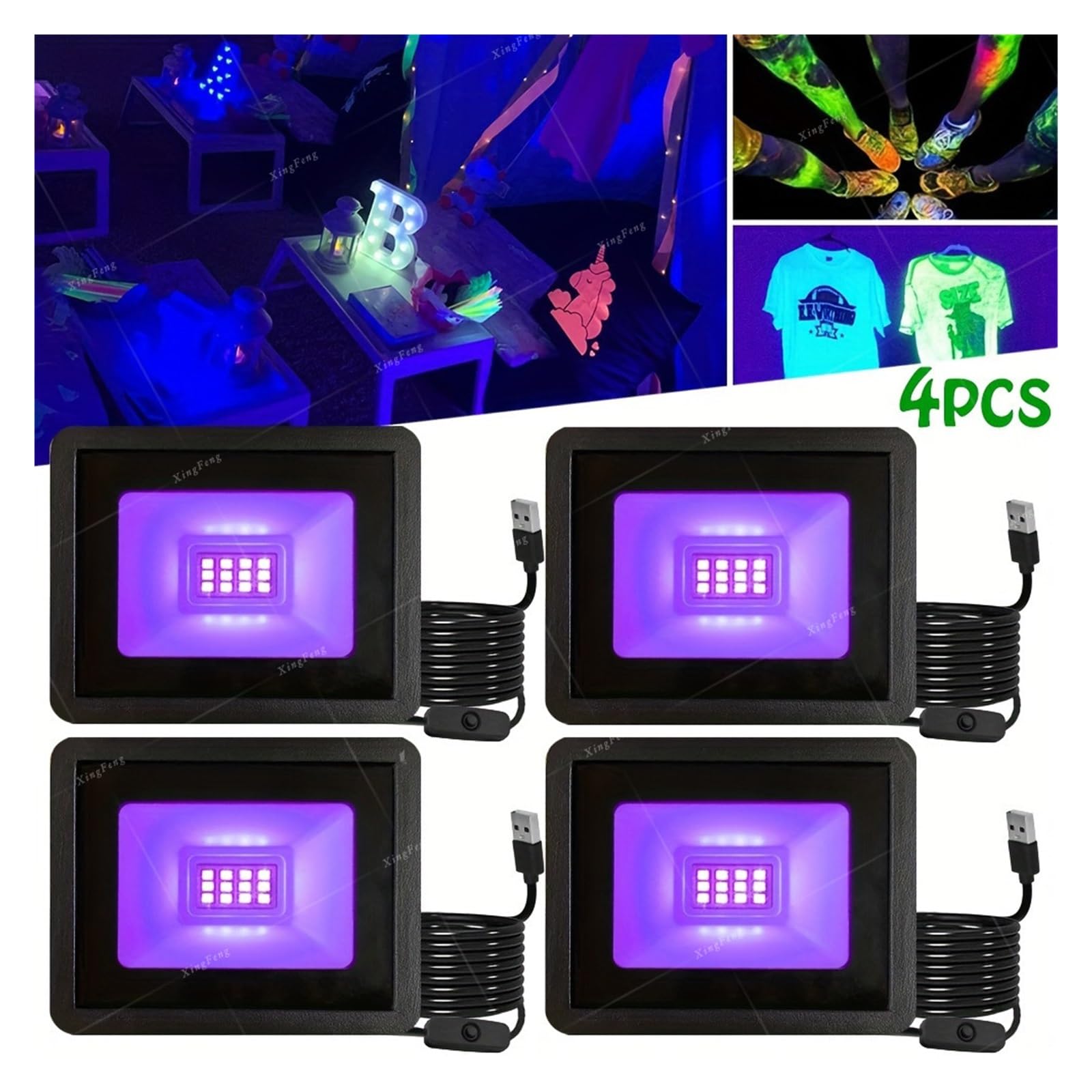 Faretto LED UV da 10 W, proiettore UV da 385-400 NM, Luce Fluorescente da palco, Effetto UV con Interruttore for Feste, DJ, Illuminazione for Festival(12LEDs-3P)