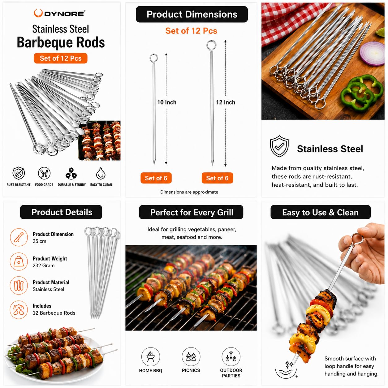 Stainless Steel Barbecue Skewers - Set of 12 -4 Stainless Steel Barbecue Skewers - Set of 12 -4