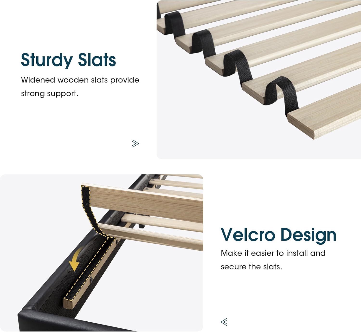 Images showing the sturdy wooden slats and Velcro design for easy installation on the WEEWAY bed frame.