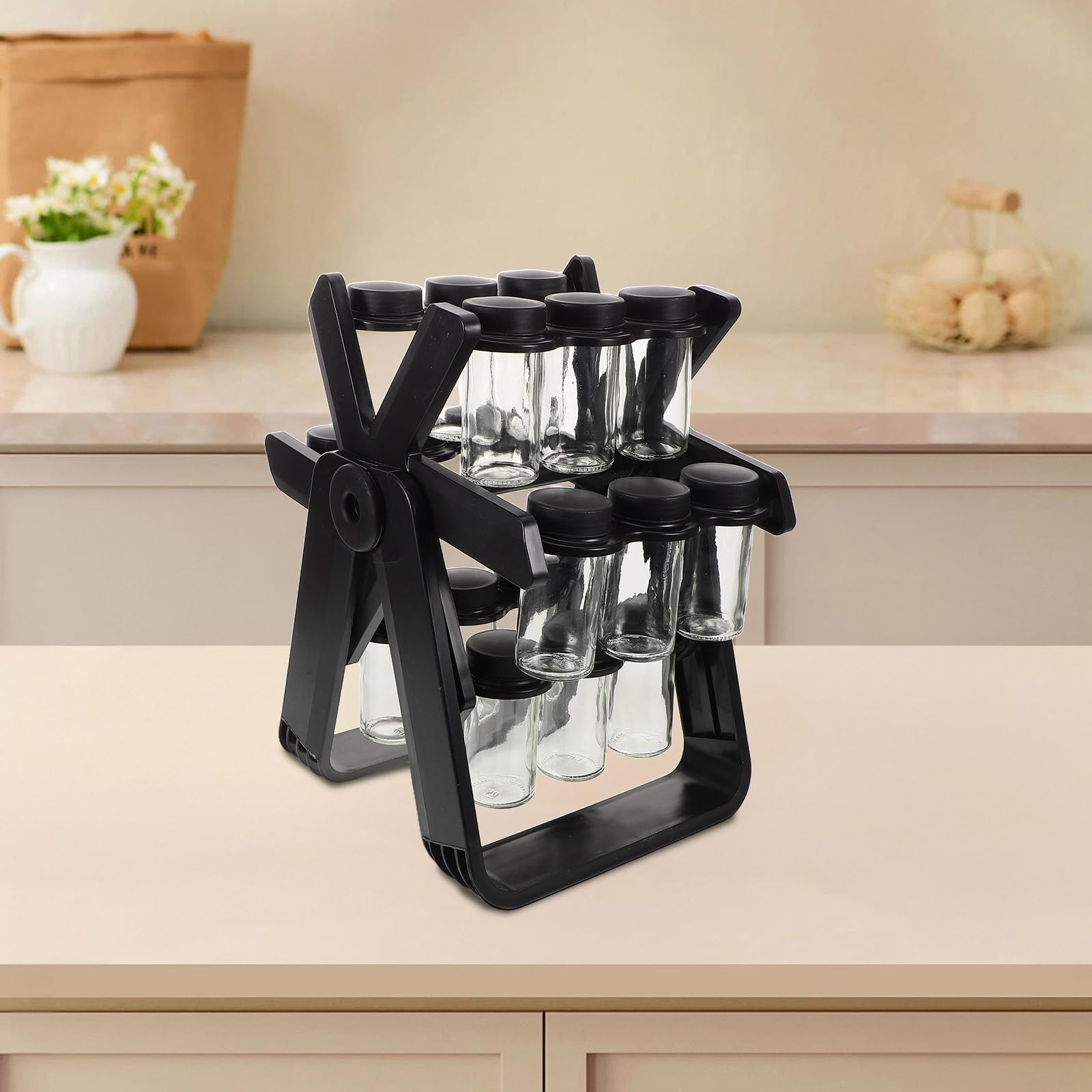 Healeved Organizador Giratorio para Especias de Vidrio con Noria | Tapa Hermética, Estructura Compacta que Ahorra Espacio, Acabado Transparente y Elegante