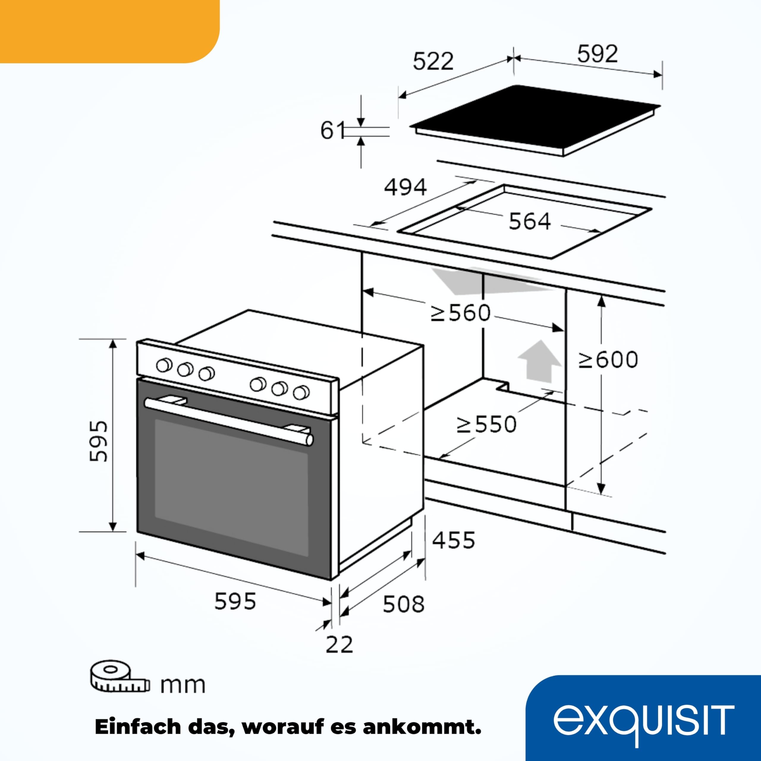 Exquisit Einbauherdset EHE256-U-020-Set schwarz | 59 l Garraumvolumen | 5 Backofenprogramme | Energieklasse A | Kochfeld mit Rahmen