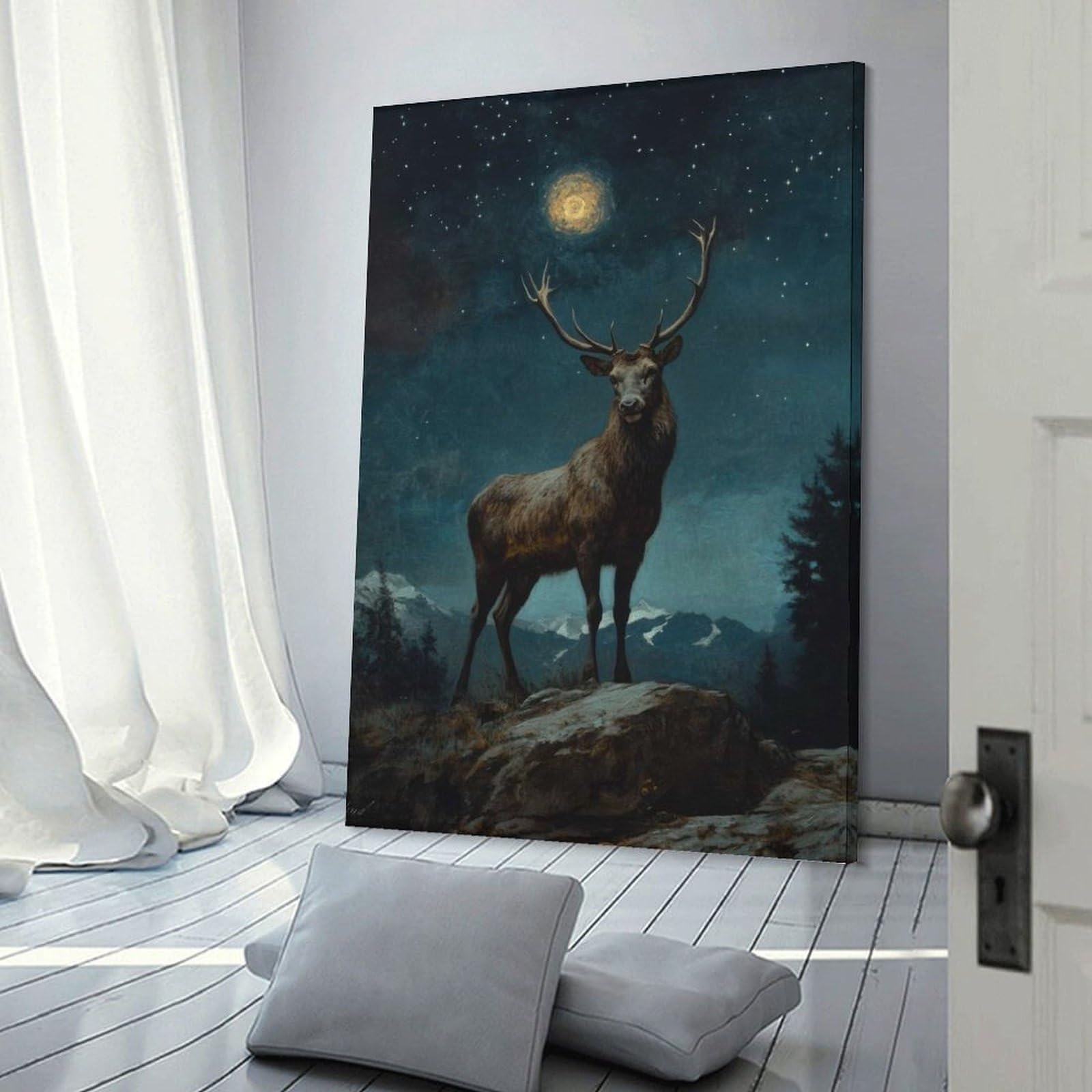 Junmoney Frame-Style-9 Hanging Wall Art Majestic Elk Under Night Sky, 20X30inch(50X75cm), For Wall Displays, Bedrooms Or Room Updates, Wall Decor Suited To Curated Displays