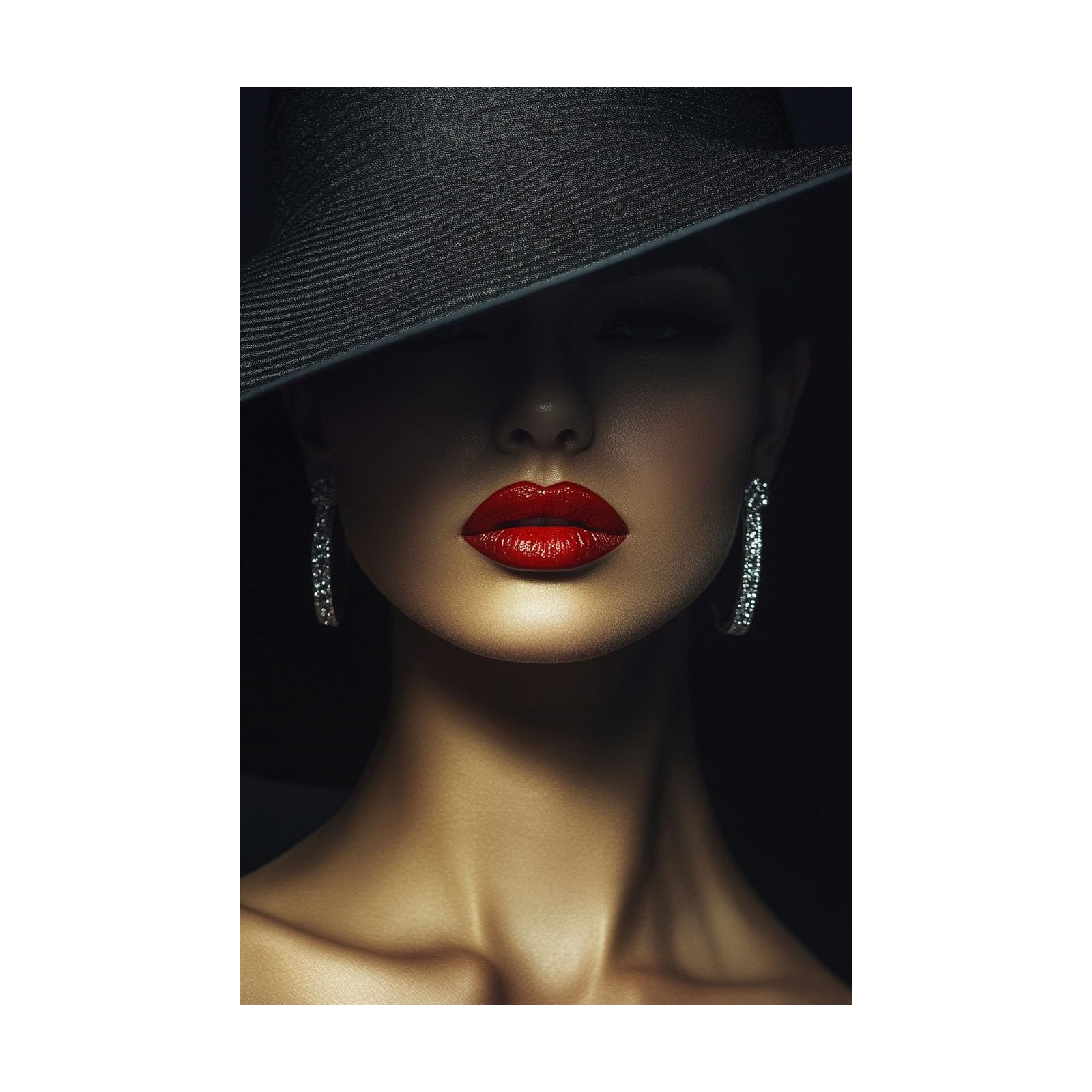 TERUEA Abstract Girl Painting Prints Woman Canvas Pictures Woman Red Lips Black Hat Retro Painting Bathroom Wall Decor,(Black)-70x100cm Unframed
