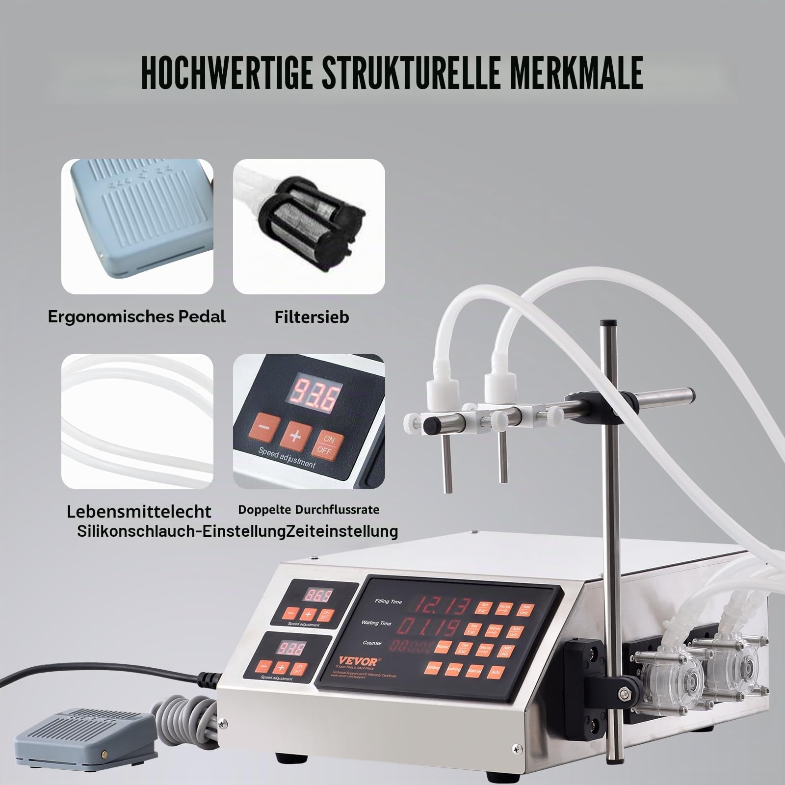 VEVOR Abfüllmaschine Automatisch/Pedalschalter Flüssigkeitsabfüllmaschine 650 ml/min Flaschenabfüllmaschine 340 x 260 x 140 mm Pastenfüllmaschine Edelstahl 201 Füllmaschine Digital Wein Milch usw.
