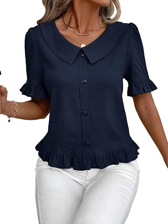 Urchics Womens Short Sleeve Blouses Women Solid Color Front Button Short Sleeve Casual Top Blouse