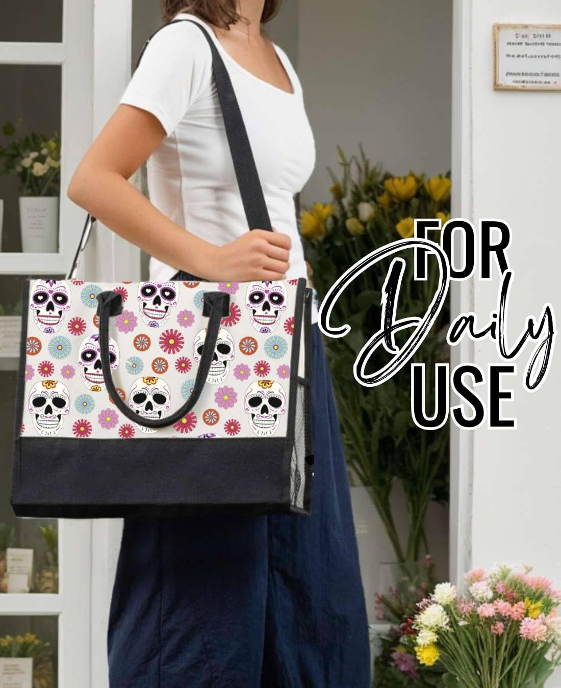 InnoBeta Sugar Skull Gifts Canvas Tote Bag with Top Zipper Closure and Shoulder Strap for Birthday, Mother's Day, Christmas - Image 3