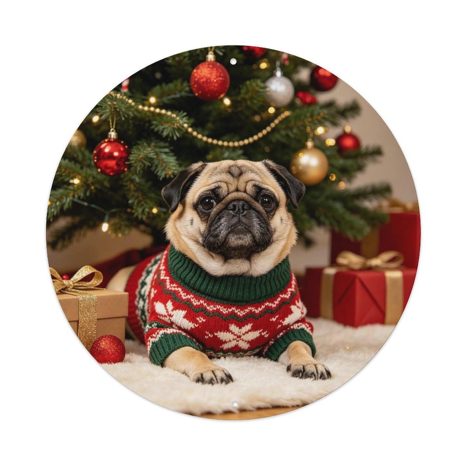 Pug Dog in Christmas Sweater Metal Tin Sign Plaque