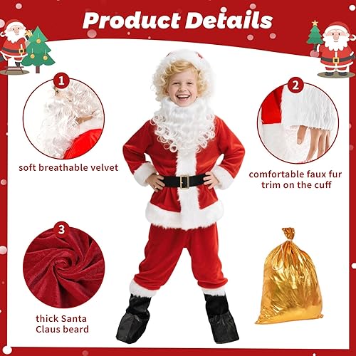 Miniatura 3 de Disfraz de Papá Noel para niños, 9 piezas, de terciopelo, para niños, disfraz de Papá Noel para niños, disfraz de Navidad para niños pequeños