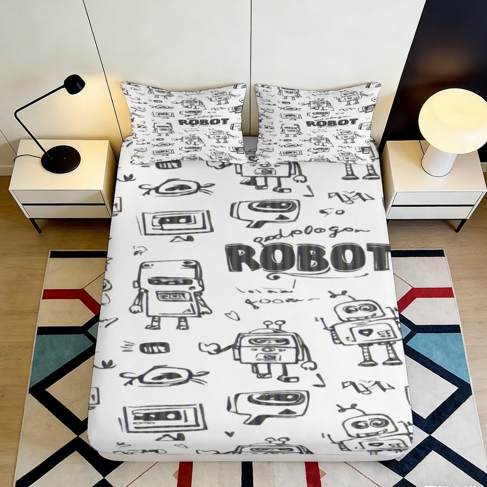 3D Printed Cartoon Robot Fitted Sheet Microfiber Soft Durable Doodle Bed Cover for Bedroom Guest Room Dorm Decor 90x200x25cm