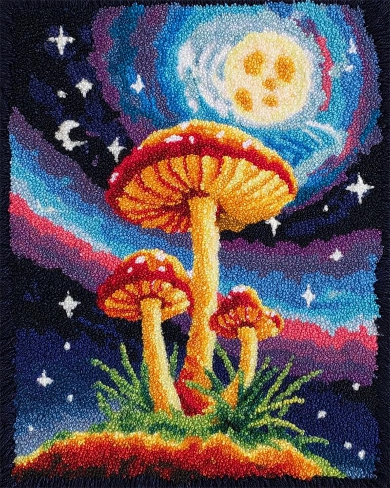 FWRTYCB Latch Hook Kits Rugs,Starry Night Mushroom DIY Latch Hook Rug Making Kits for Beginners,20X15Inch Rug Making Kits with Printed, DIY Latch Hook Kits Carpet, Latch Hook Kits for Adults, Embroi