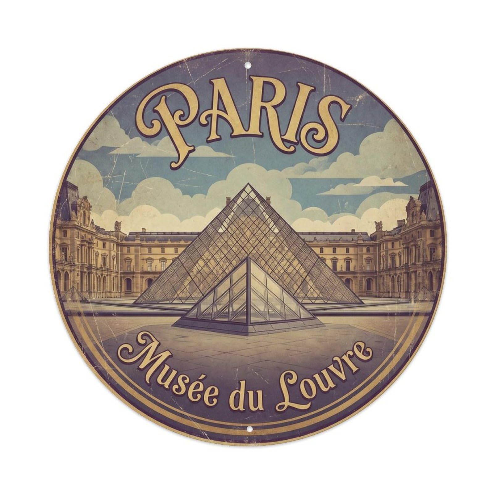 Vintage Travel Parisian Louvre Museum Metal Tin Sign Plaque Wall Decor for Cafe, Club, Garden Round Metal Poster 8x8Inch