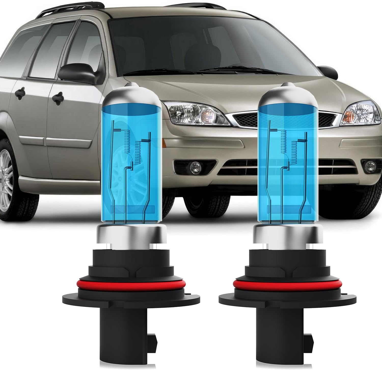 Headlight Bulbs Compatible With Ford Focus 2006-2007, 9007 High Low Beam + H1 Fog Lights Halogen Light Bulb Combo, Super Bright 6000K White, Plug and Play, Pack of 4