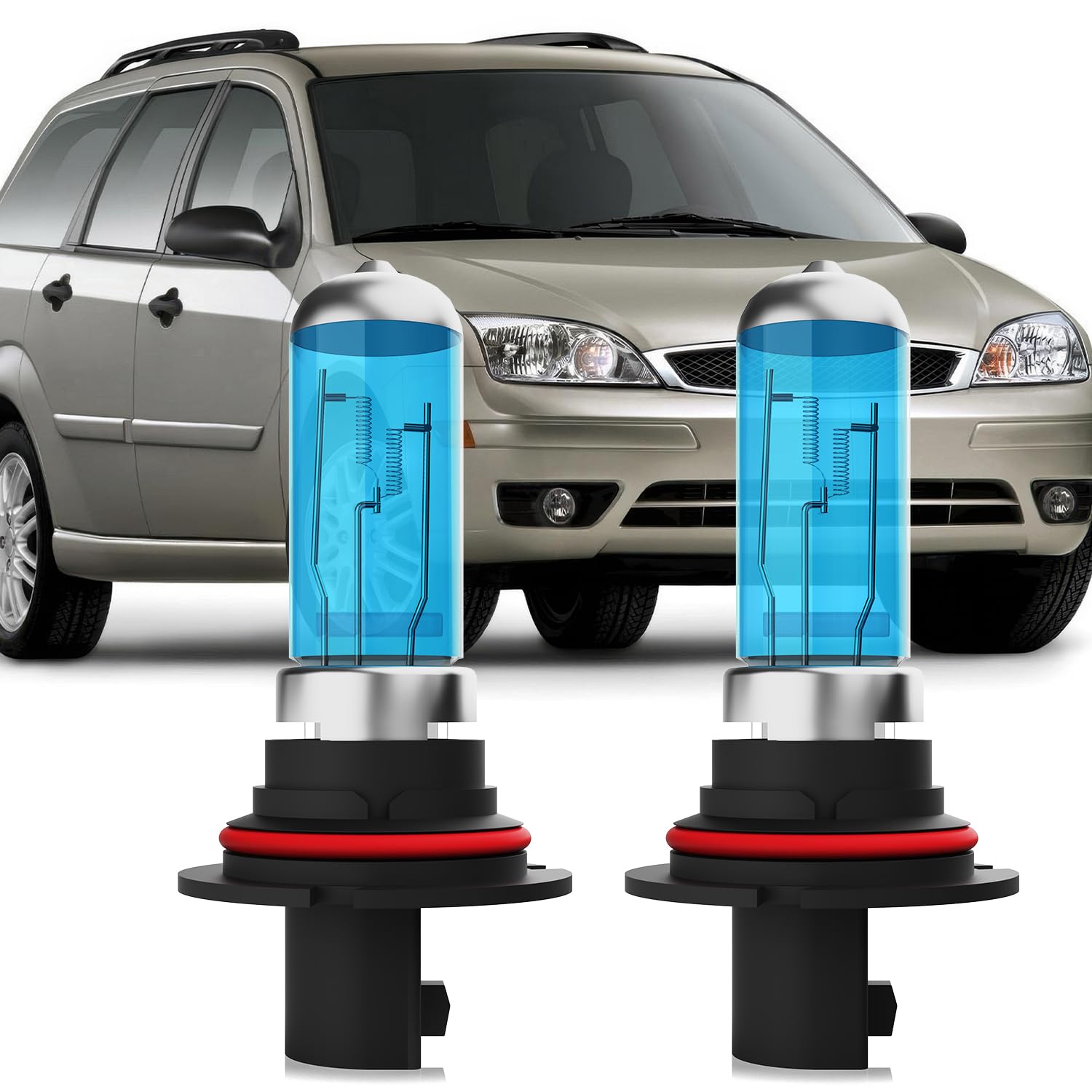 Headlight Bulbs Compatible With Ford Focus 2005-2007, 9007 High Low Beam Halogen Light Bulb Combo, Super Bright 6000K White, Plug and Play, Pack of 2