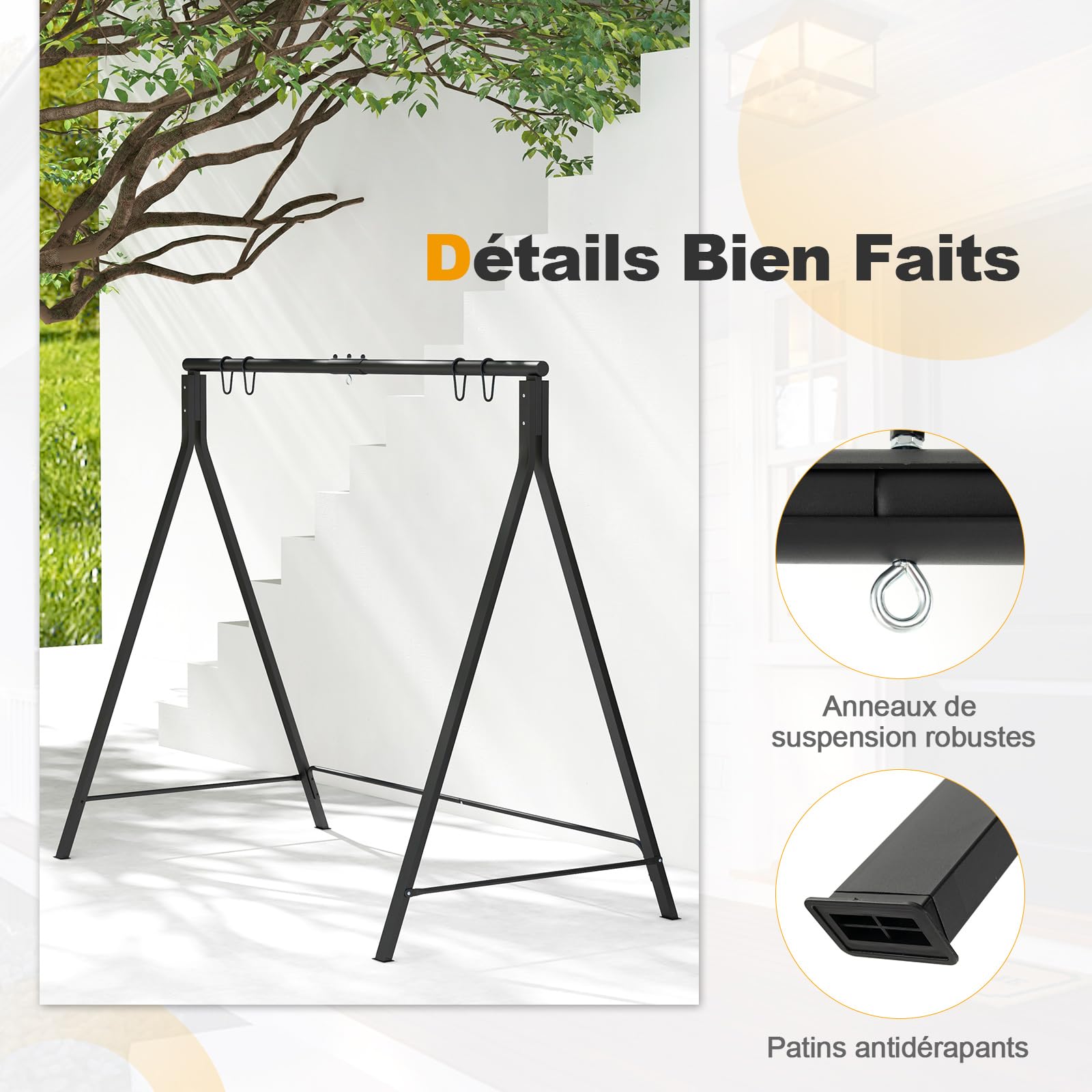 COSTWAY Cadre de Balançoire en Métal avec 5 Anneaux de Suspension, Support de Balancelle en Forme de A avec Patins Antidérapants, Charge 120/160kg, pour Jardin Cour Balcon, 210 x 115 x 175 cm