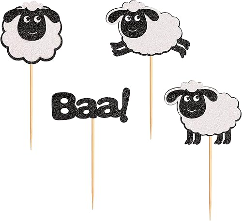 Miniatura 8 de Ercadio Paquete de 24 adornos para magdalenas de oveja con purpurina negra para animales de granja para magdalenas de ovejas, baa y decoración para