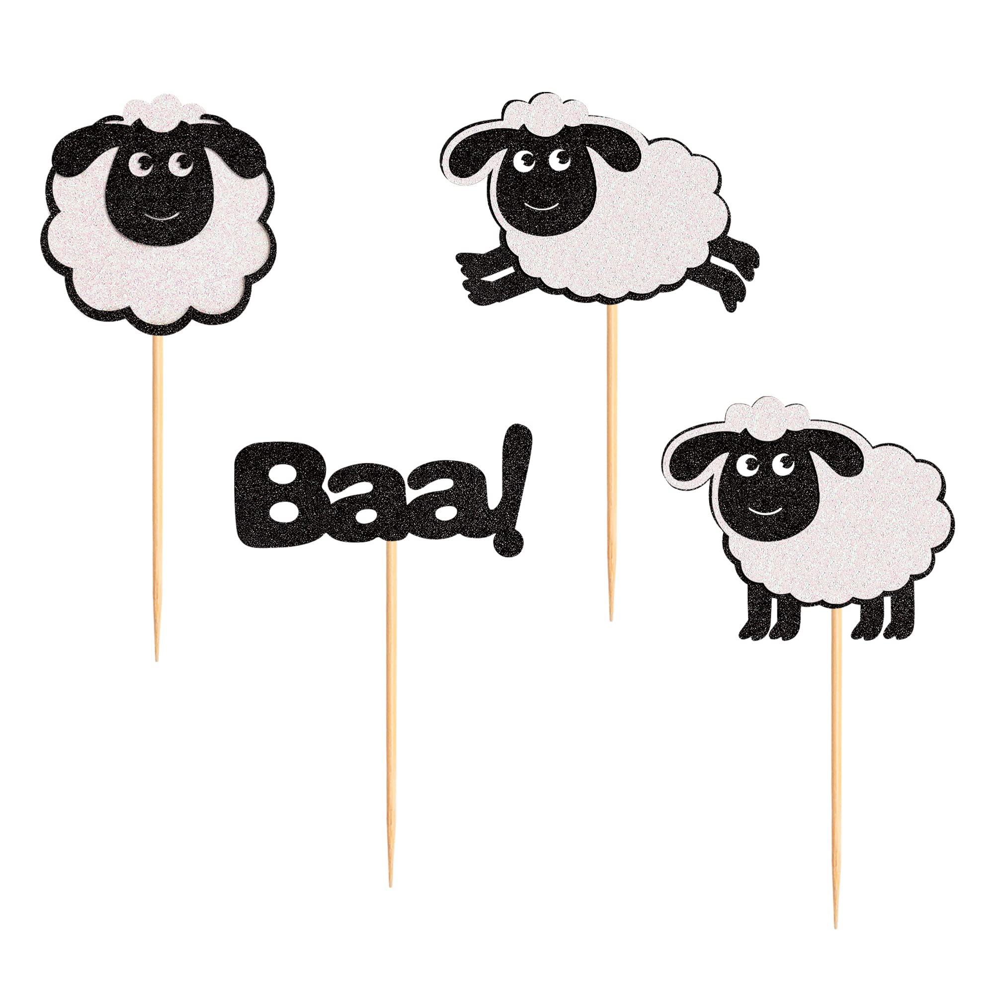 Ercadio 24 Pack Sheep Cupcake toppers Black Glitter Farm Animals Cupcake Picks Sheep Baa Cupcake Decors Sheep Theme Baby Shower Birthday Party Supplies