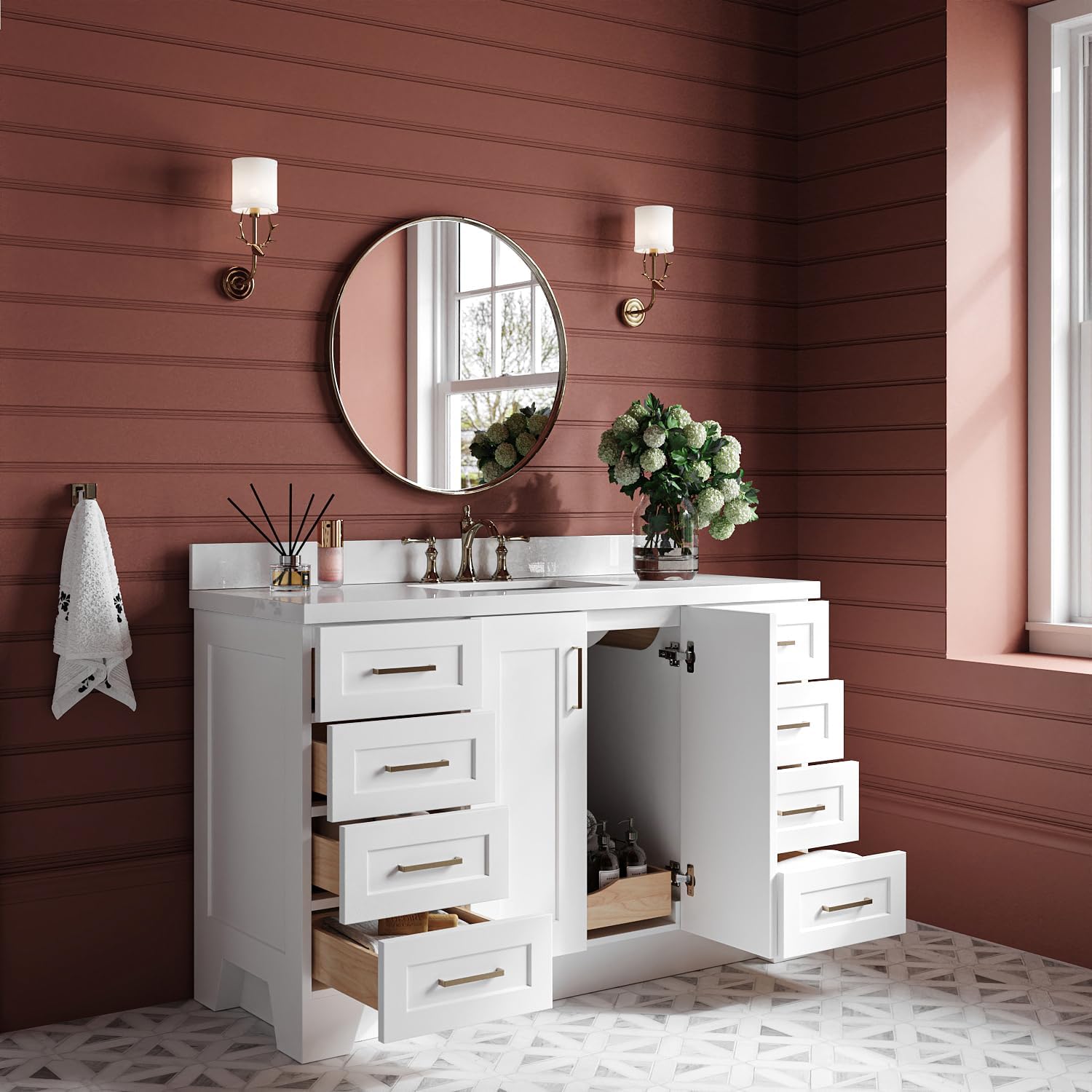 ARIEL Taylor 54-inch Bathroom Vanity with Sink,Solid Wood, 1.5-inch Pure White Quartz Countertop & Backsplash, Single Oval Porcelain Sink, 2 Soft Closing Doors, 9 Dovetail Drawers, Satin Brass, White