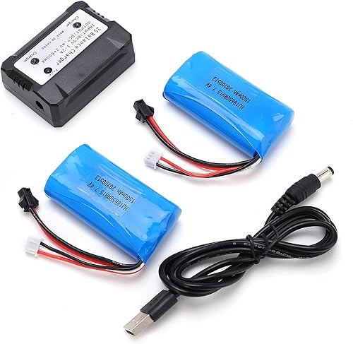 Dilwe Batería de litio RC, batería de polímero de litio de 1500 mAh 7.4 V para enchufe SM con cable de carga y cargador RC para coche, barco,