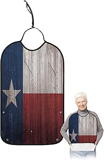 QueenKer Funny Adult Bibs for Eating, Vintage Wood Texas Flag Waterproof Clothing Protector Washable Adult Bib with Crumb Catcher for Men Women Elderl and Seniors
