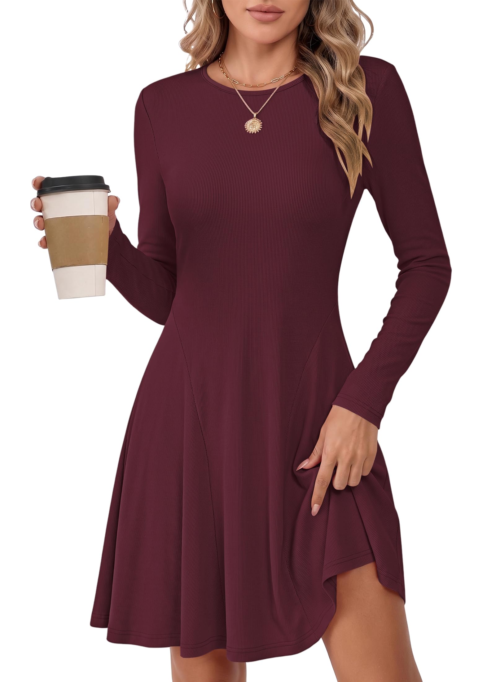 MOLERANI Damen Strickkleid A-Linie Langarm Rundhals Gerippt | Rundhals, weicher dehnbarer Rippstoff schmeichelt der Figur. Ideal für Herbst und als Layer unter Wintermänteln