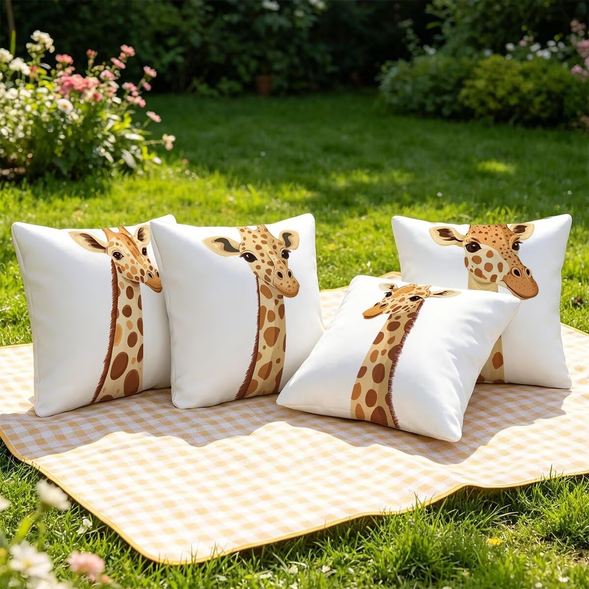 Federe Cuscino Divano 60x60, Bianco Cuscini per Divano da Esterno Set da 4, Lino Copricuscini Divanos Impermeabile, Copri Cuscini Giraffa Motivo Fronte Retro Stampato per Giardino, Sofá, Balcón, F-85