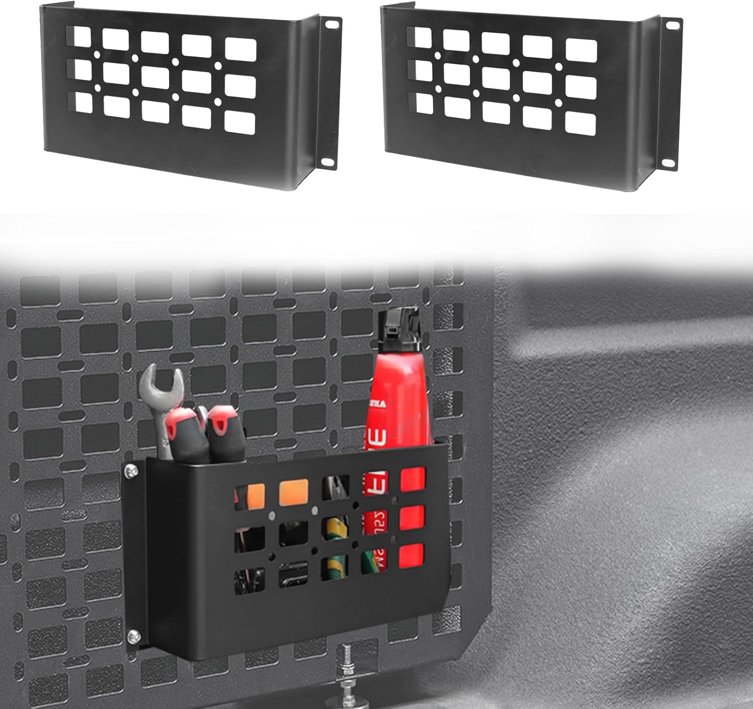 2 Pcs Molle Panel Storage Box Reinforced Metal Organizer Box with Self-Tapping Screws, Universal Cargo Molle Bin Brackets Hanging Storage Pocket for Car Truck SUV RV Home