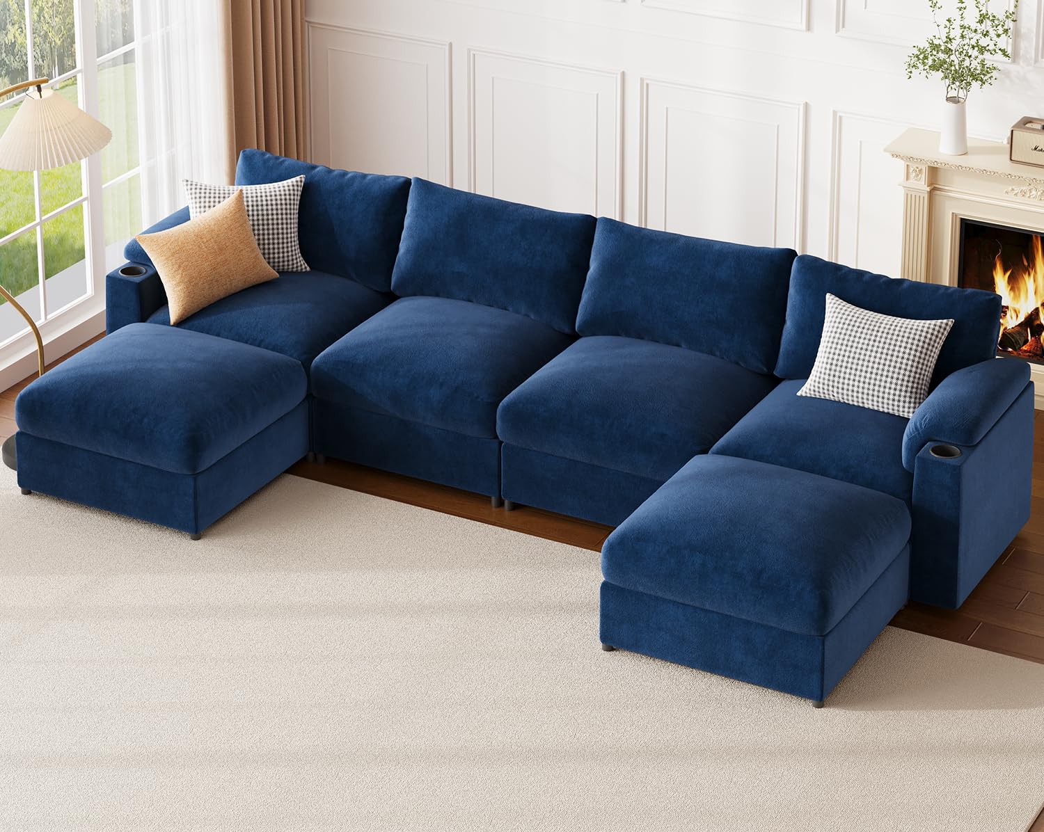 sectional couches for Living Room, Oversized Modular Cloud U Shaped Couch, FSC Certified Chenille, Removable Chaise Sofa (Blue, U Shaped 6 Seat)