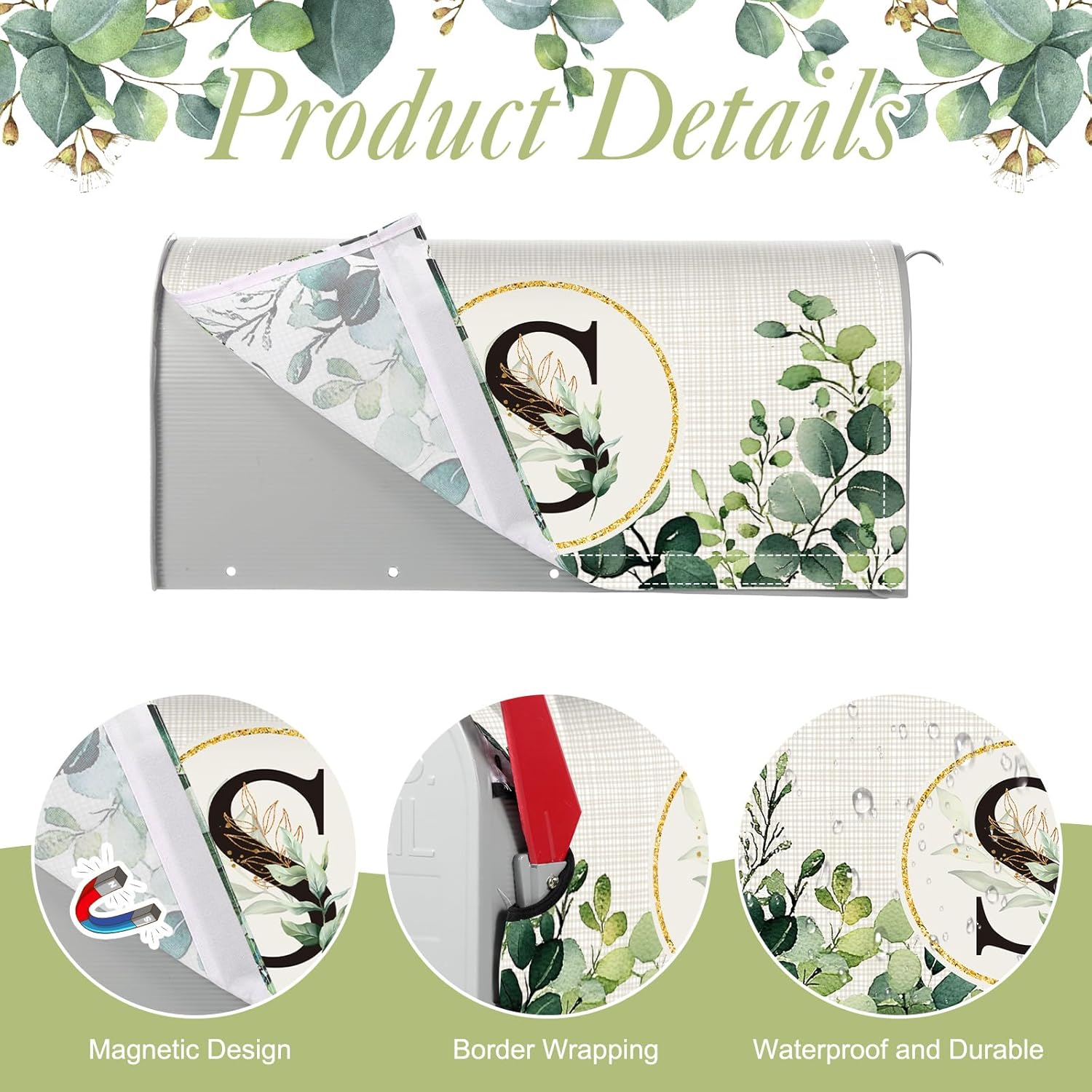 Tiamon Monogrammed S Mailbox Covers Magnetic Eucalyptus Welcome Letter Box Wrap Standard Size 21x18 Inch Spring Summer Leaves Mailbox Decor Eucalyptus Letter Numbers Decoration for Outdoor Garden Yard