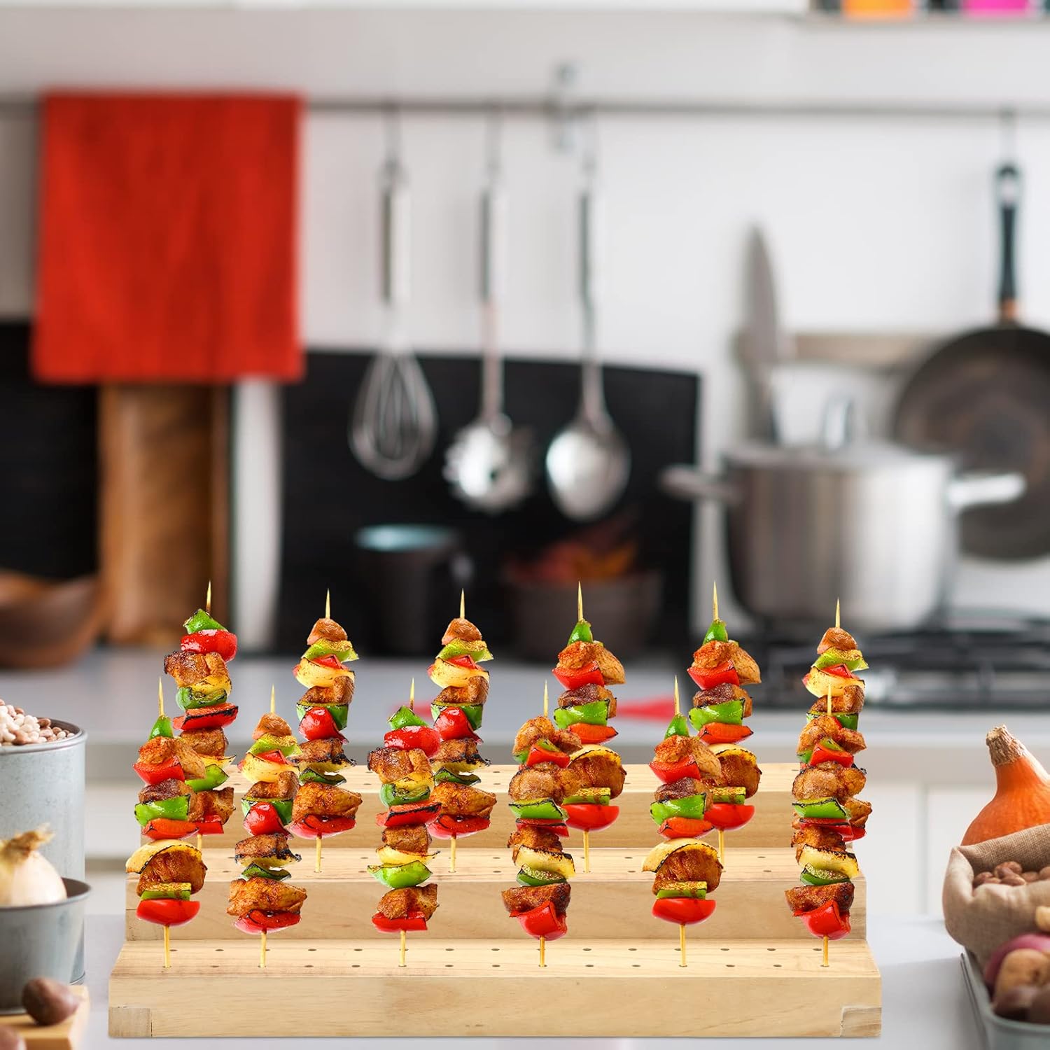 Food Skewer Holder Wooden Pick Stand Catering Supplies Buffet Display Board with Holes Rectangular Appetizer Skewers Tray Multi Level Food Display Stands for Party Cocktail Pick Stand (3 Tier)