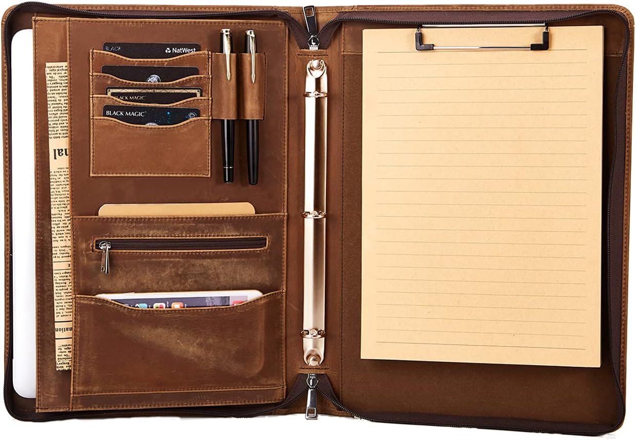 Asini Handmade Genuine Vintage Leather 3 Ring Binder Portfolio Folder with Zipper for Men and Women,Business Portfolio Organizer Binder with Clipboard for Letter Size Notebook,Brown