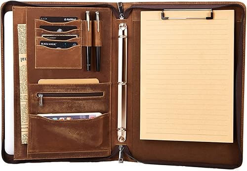 AZXCG Carpeta de cuero para portafolio, carpeta de 3 anillos con cremallera para laptop de hasta 13.3 pulgadas, organizador profesional, carpeta de