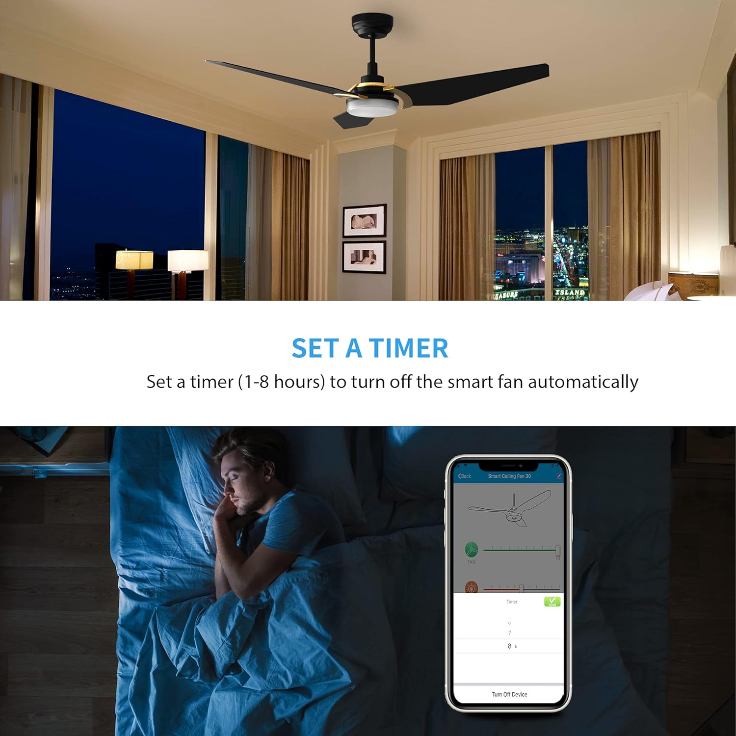 A person sleeping in bed with a smartphone displaying the SMAAIR app, showing a timer set for the smart ceiling fan.