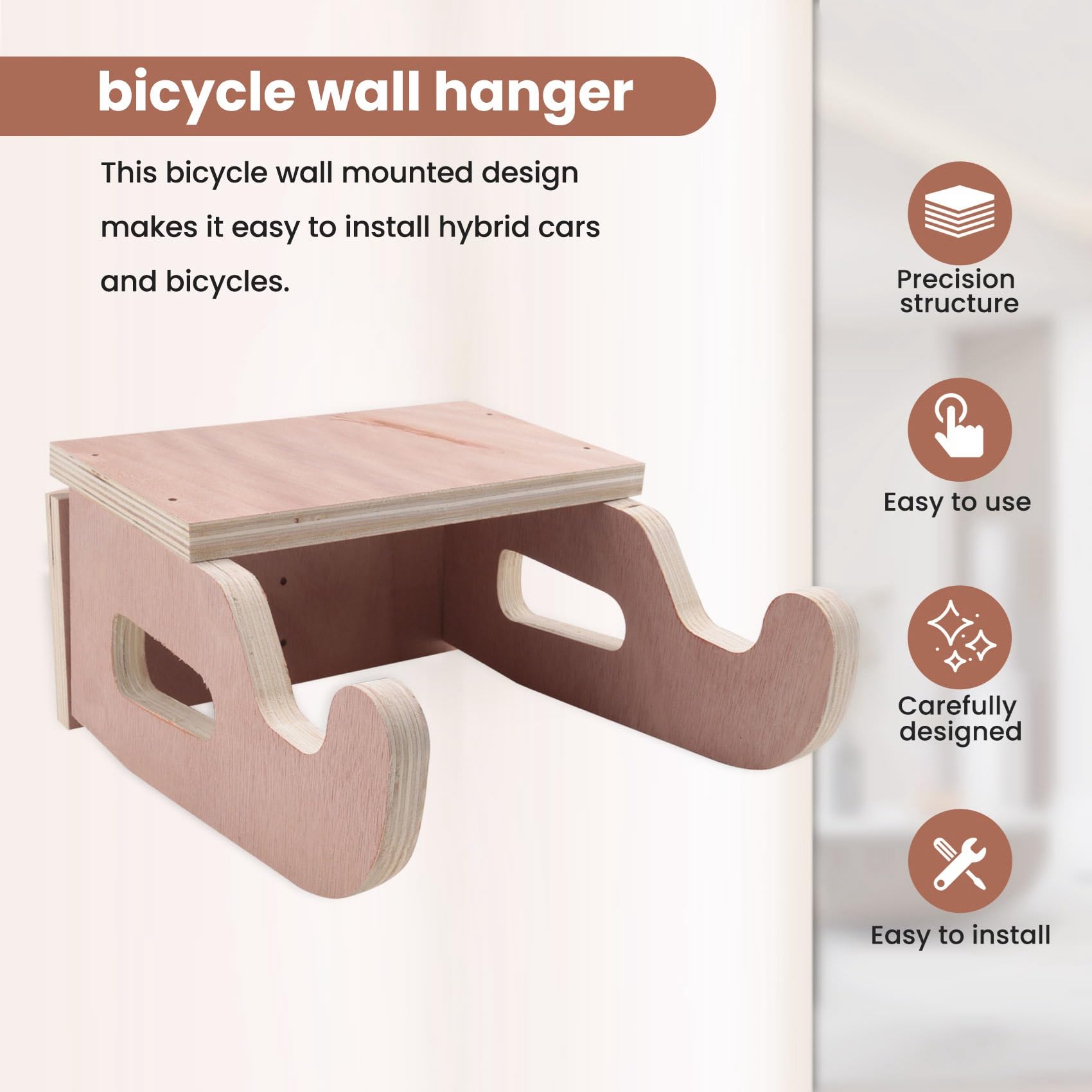 2X Estante Pared para Bicicleta, Colgadores Pared para Bicicleta Montaña y Carretera, para Colgar Bicicletas Madera para Interiores, Soporte para Almacenamiento Bicicletas