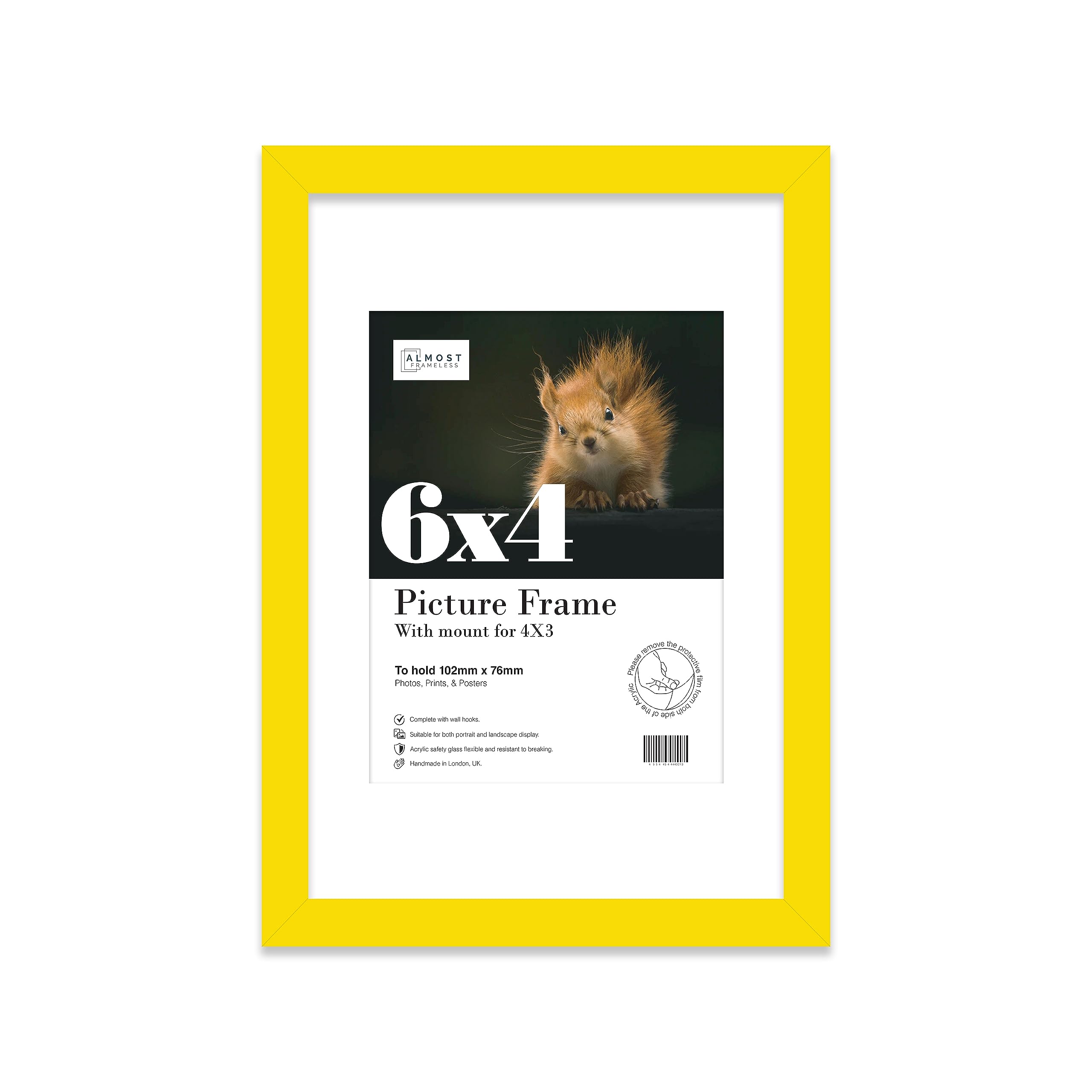 Almost Frameless 6x4 Yellow Picture Frame With Mount for 4x3 Print, Poster or Photo Poster, Photo, Artwork, or Print. Thin Edge Slim Frame Portrait and Landscape Display with Wall Hooks