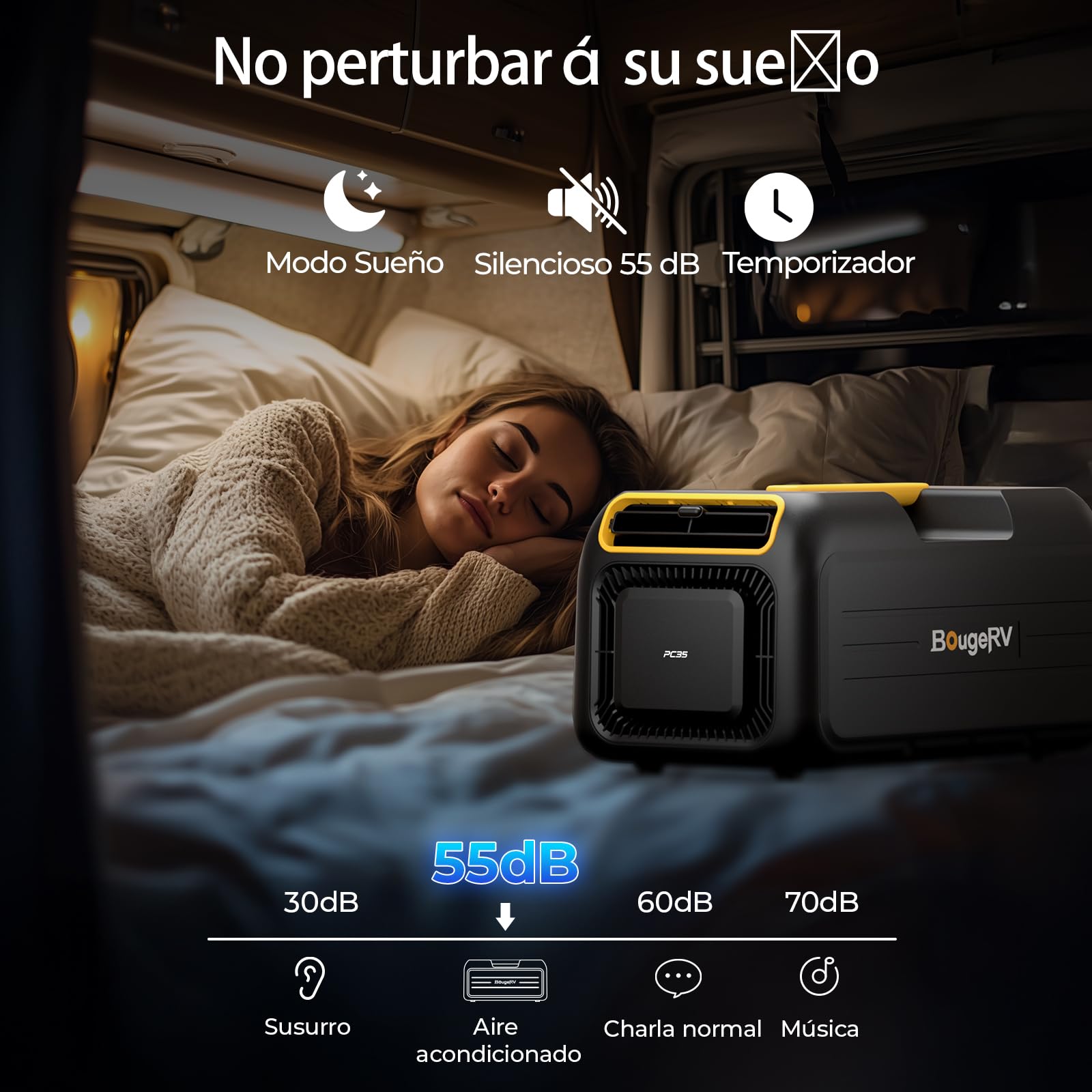 BougeRV Aire Acondicionado Portátil Camping 3500 BTU, Mini Enfriamiento Rápido 10 Min, Control App, 5 Modos, Gas R290, CA 100V-240V, para Tienda de Campaña, Furgoneta, Camper