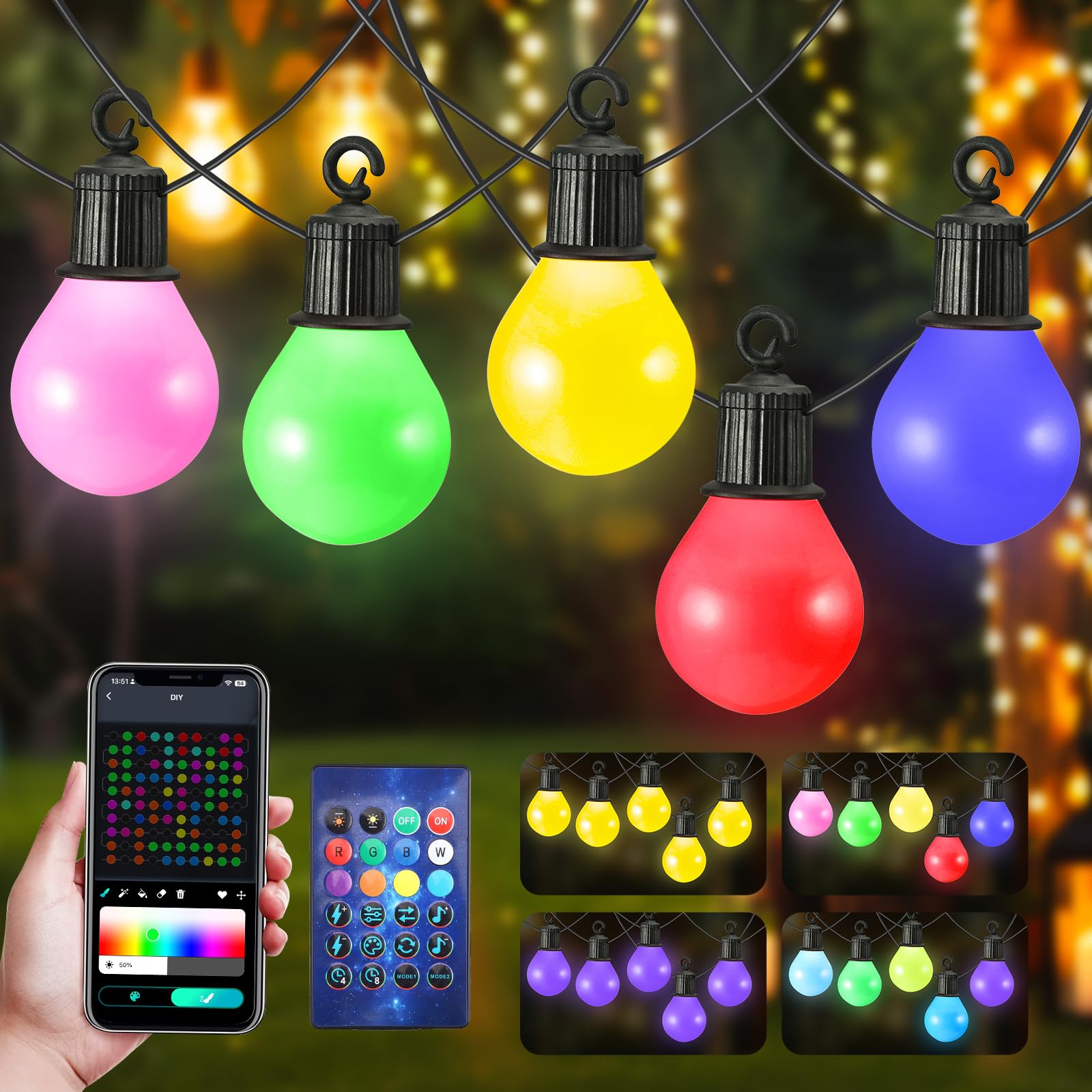 Guirnaldas de Luces Exterior LED 33M Guirnaldas Luces Exterior Cadena Impermeable con 50 Bombillas Inastillable para Jardín Porche Patio Trasero