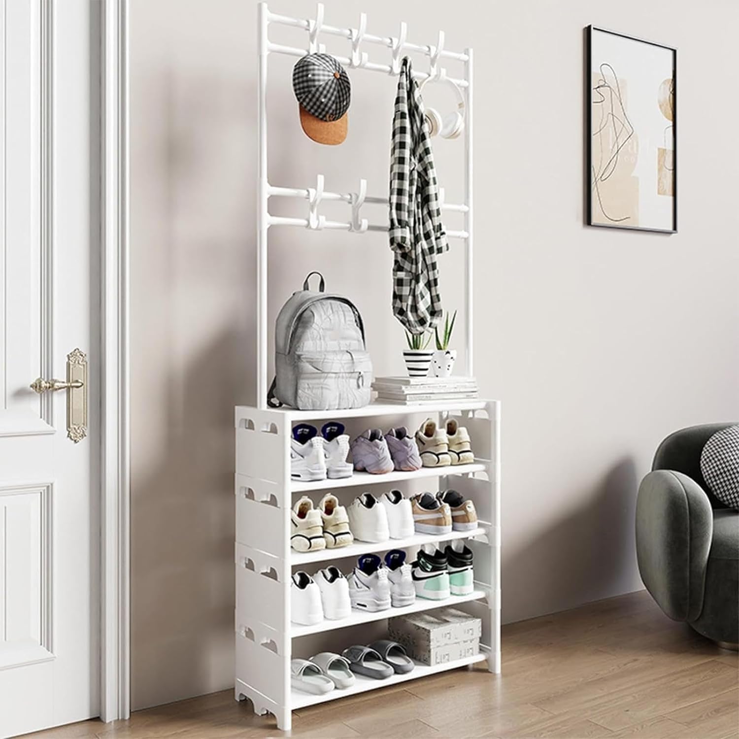MYUYEE Coat Rack Shoes Bench Hall Tree 3-In-1, Multifunctional Entryway Storage Shelf, For Home Bedroom Living Room With Metal Frame Easy Assembly(White-80Cm/31.5)
