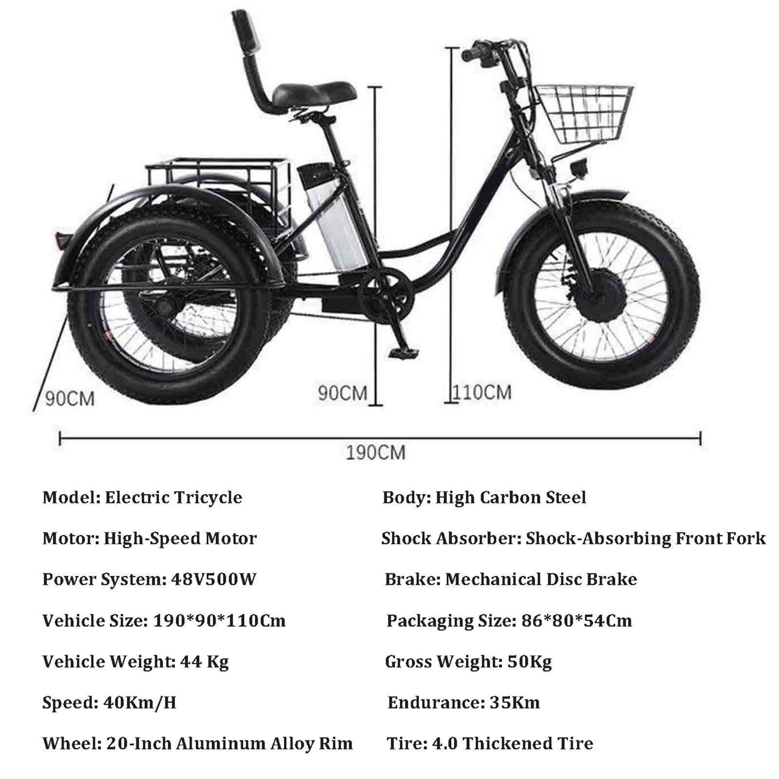 Tricycle électrique adulte à trois roues - Batterie amovible 48 V/12 Ah, vélo cargo électrique 20 pouces, pneus larges, autonomie de 35 km, idéal pour les courses et les pique-niques, charge maximal