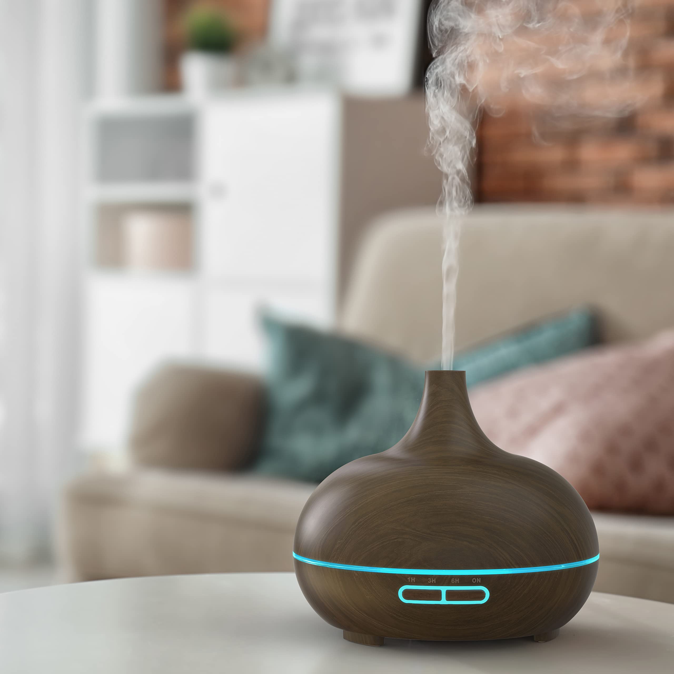 Arendo - Ultraschall LED Aroma Diffuser 300 ml - Luftbefeuchter Raumbefeuchter Nachtlicht - LED Ring 7 Farben - Timer Funktion - Dauernebelmodus - angenehm leises Betriebsgeräusch - Holzdekor