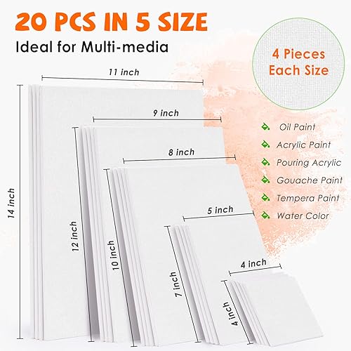 Miniatura 4 de Lienzos para pintura, suministros de pintura con 20 paneles de lienzo de algodón, 4 x 4, 5 x 7, 8 x 10, 9 x 12, 11 x 14 pulgadas (4 de cada uno),