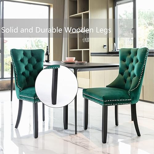 Miniatura 6 de Juego de 4 sillas de comedor de terciopelo verde, sillas de comedor tapizadas con anillo trasero y patas de madera maciza, sillas de cocina con